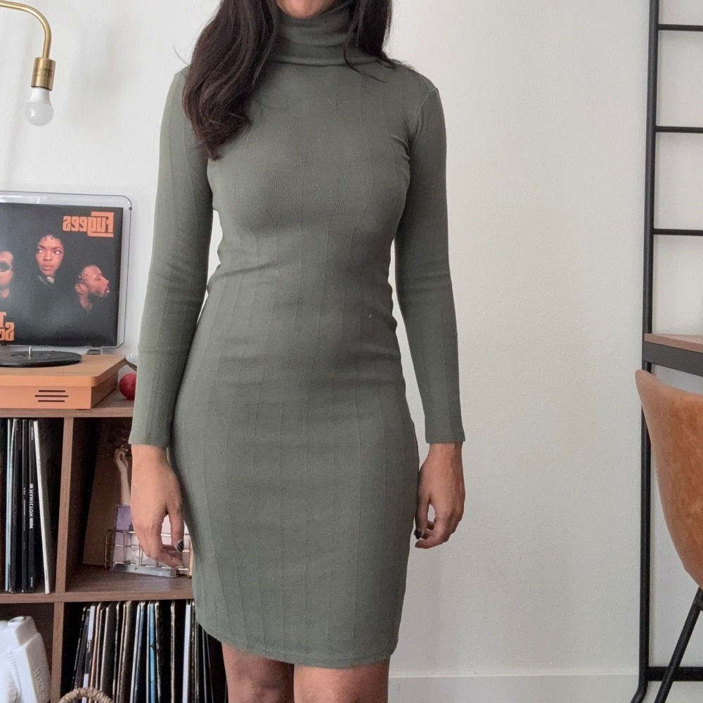 Wild Fable Olive Green Ribbed Turtleneck Bodycon Midi Dress Long Sleeve XS